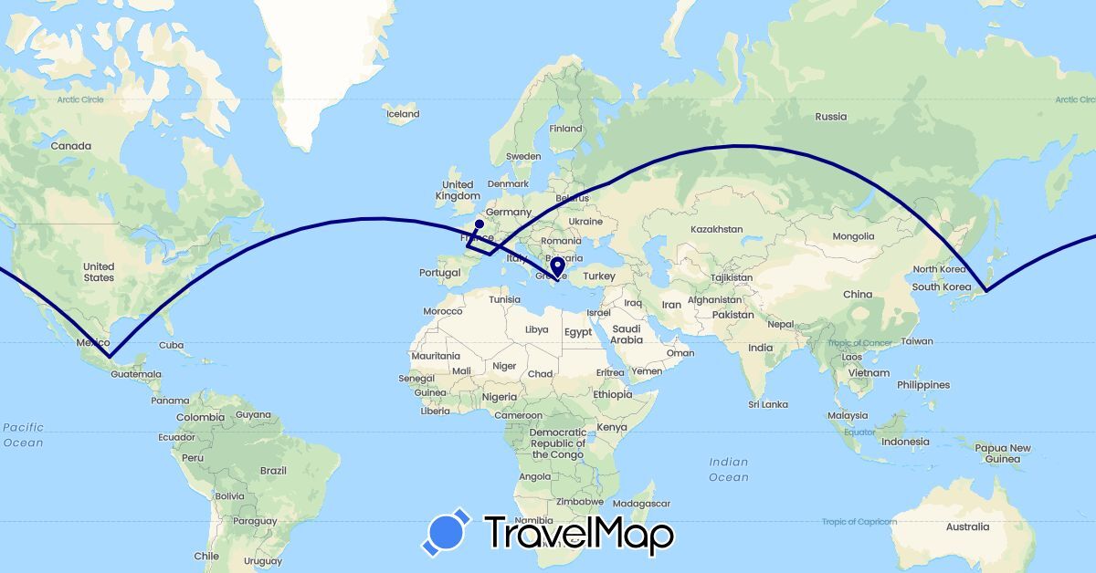 TravelMap itinerary: driving in France, Greece, Japan, Mexico, Russia (Asia, Europe, North America)